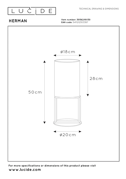 Lucide HERMAN - Tischlampe - Ø 20 cm - 1xE27 - Schwarz - technisch